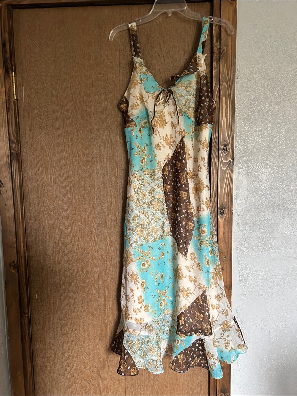 Patchwork Floral Midi Slip Dress in Aqua, Brown & Cream